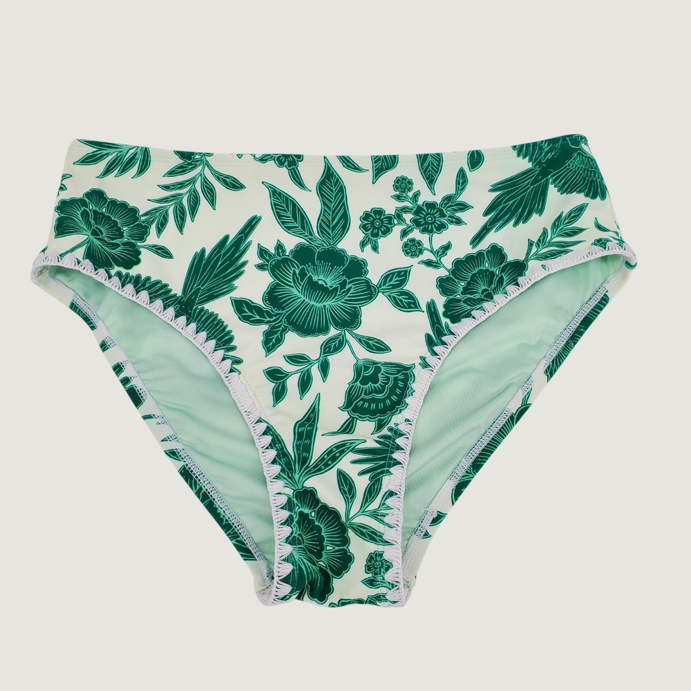 Cupshe High Waisted Bikini Bottom Medium Green White Tropical Floral Parrot New